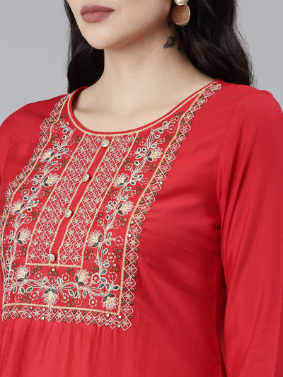 Neeru's Red Regular Straight Solid Kurta Sets And Trousers With Dupatta