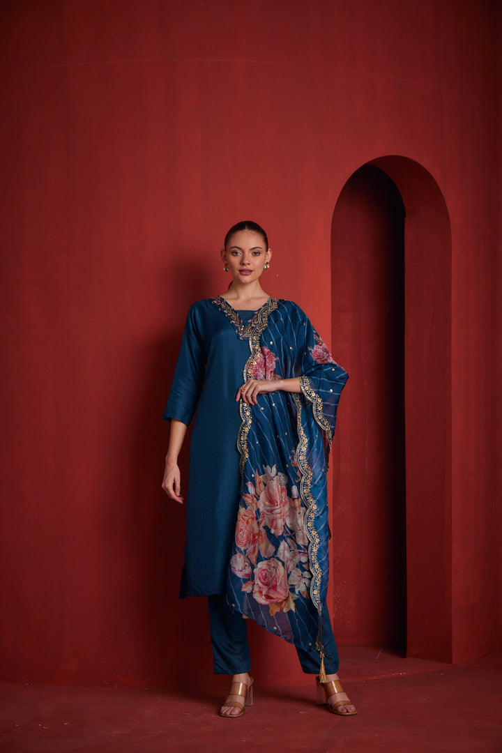 Neerus Blue solid straight kurta set with trouser and dupatta - front view