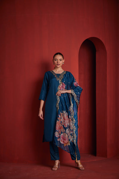 Neerus Blue Regular Straight Solid Kurta And Trousers With Dupatta