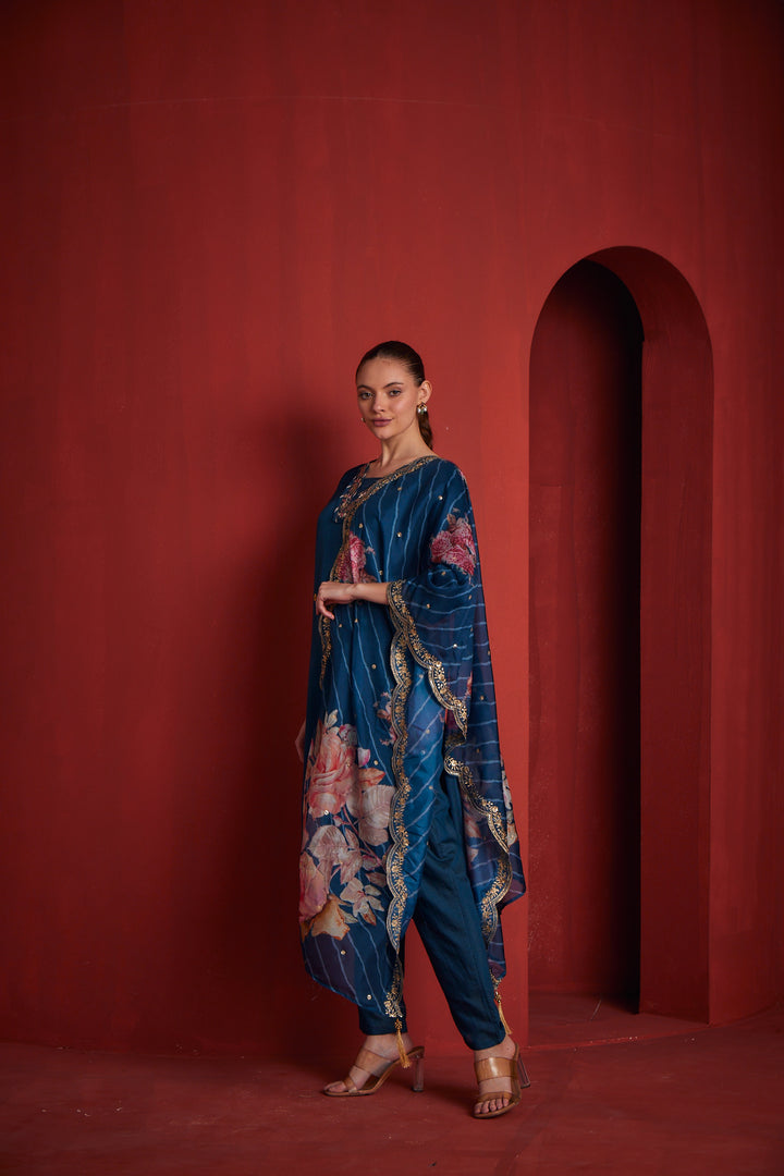 Neerus Blue solid straight kurta set with trouser and dupatta - back view