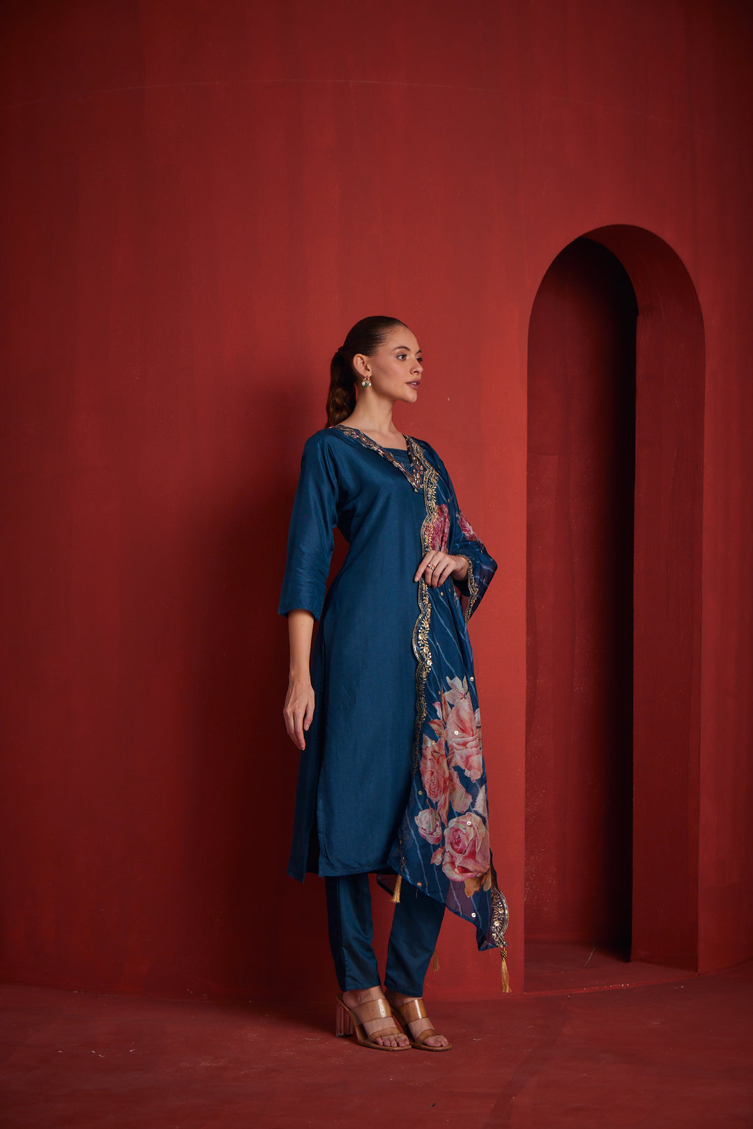 Neerus Blue solid straight kurta set with trouser and dupatta - side view