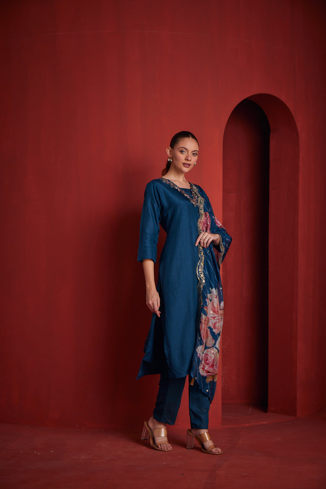 Neerus Blue solid straight kurta set with trouser and dupatta - detail view 1