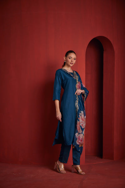 Neerus Blue Regular Straight Solid Kurta And Trousers With Dupatta