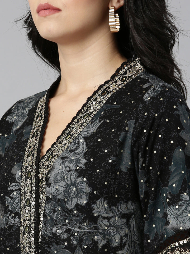 Neerus Black printed straight kurta set with dupatta - detail view 1