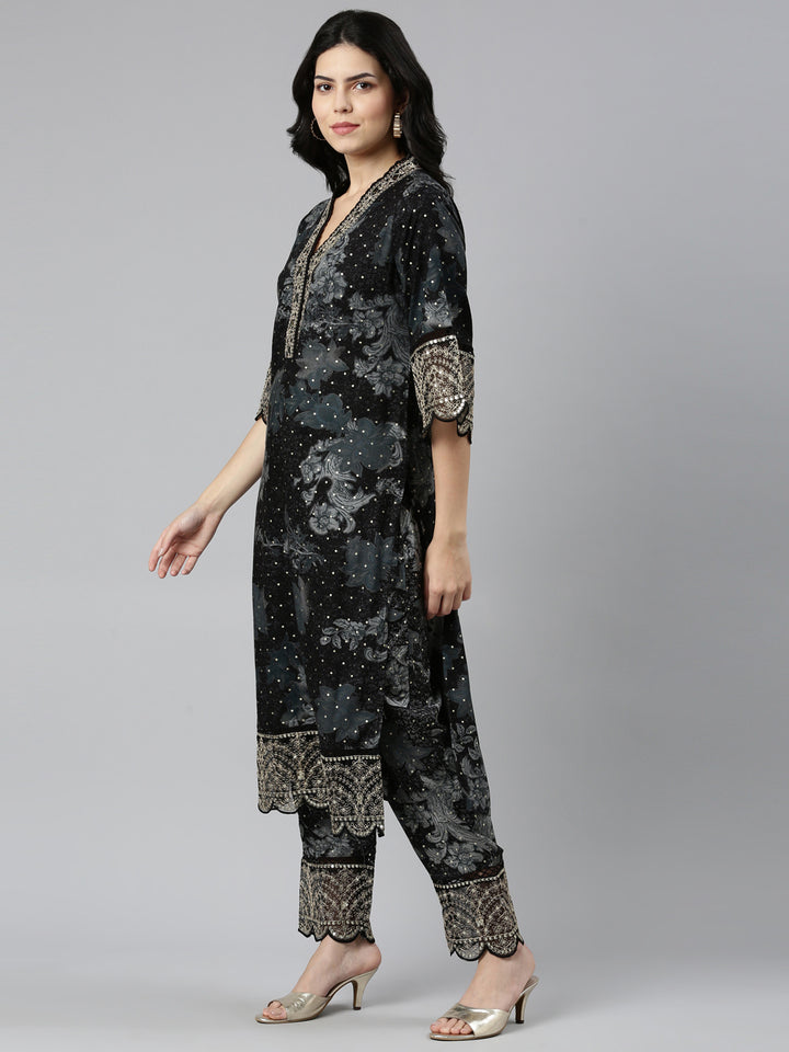 Neerus Black printed straight kurta set with dupatta - back view