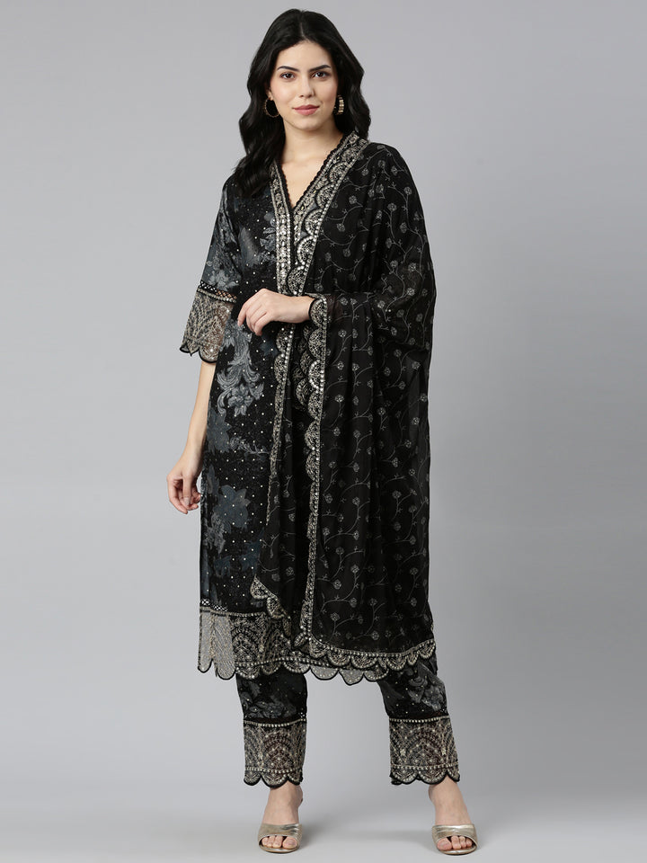 Neerus Black printed straight kurta set with dupatta - detail view 2