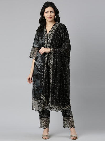 Neeru's Black Regular Straight Printed Readymade Suits