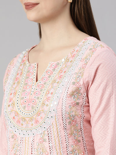 Neerus Pink Regular Flared Floral Kurta And  Trousers With Dupatta