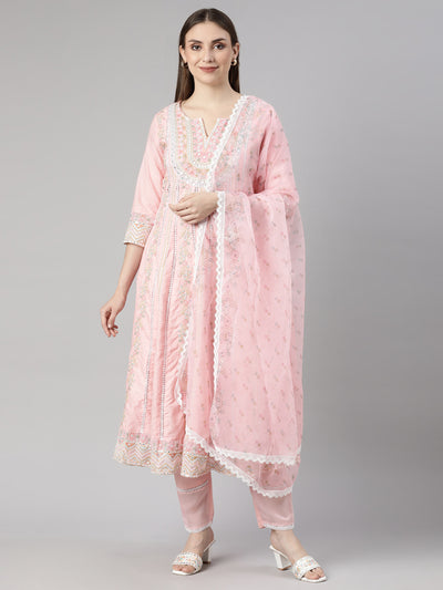 Neerus Pink Regular Flared Floral Kurta And  Trousers With Dupatta