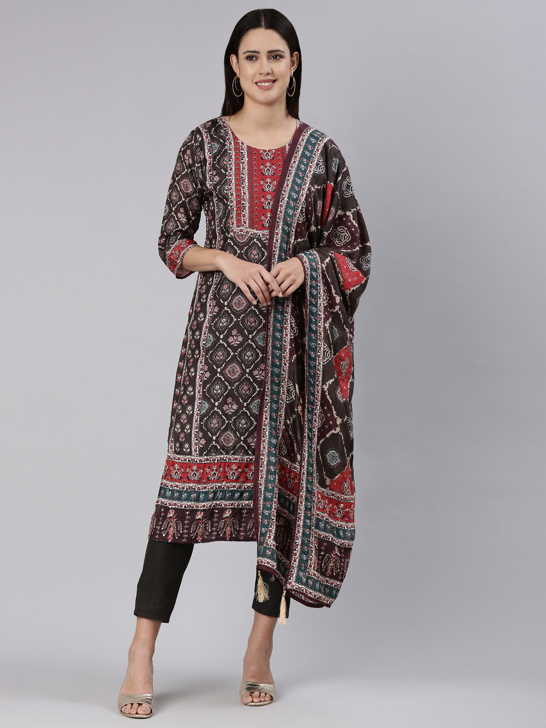Neerus Brown printed straight kurta set - front view