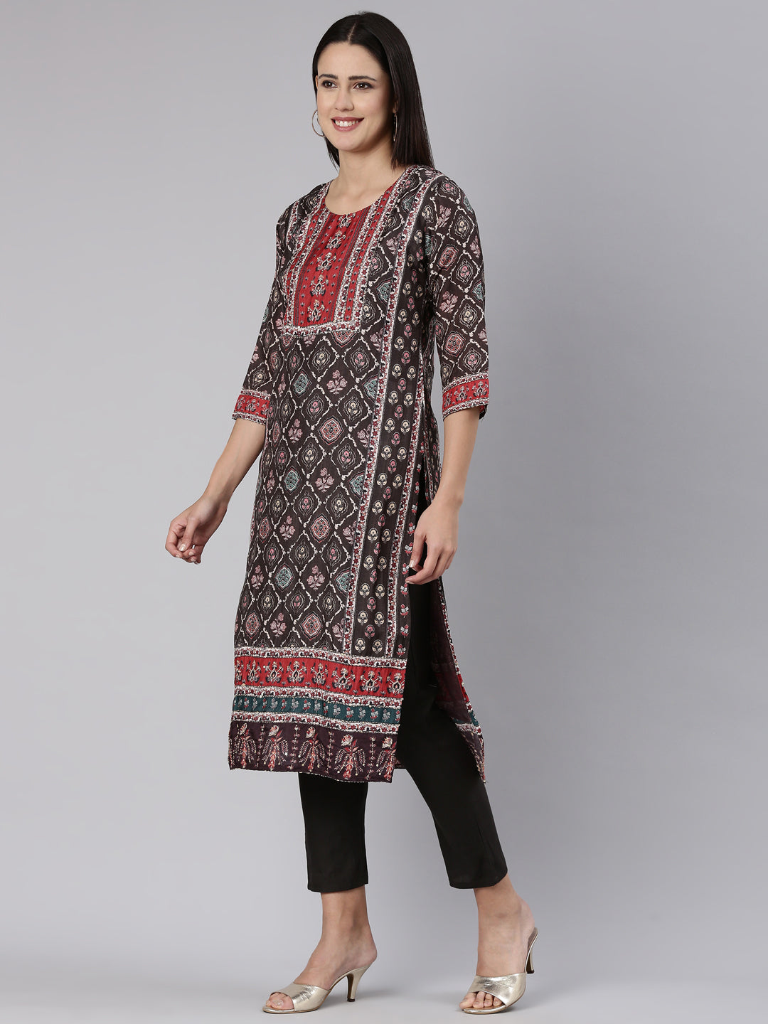 Neerus Brown printed straight kurta set - back view