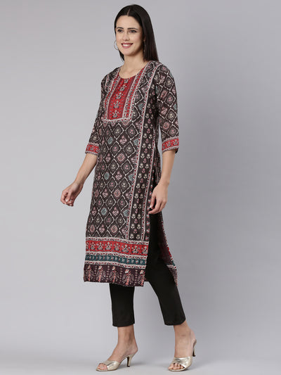 Neerus Brown Regular Straight Printed Kurta And Trousers With Dupatta
