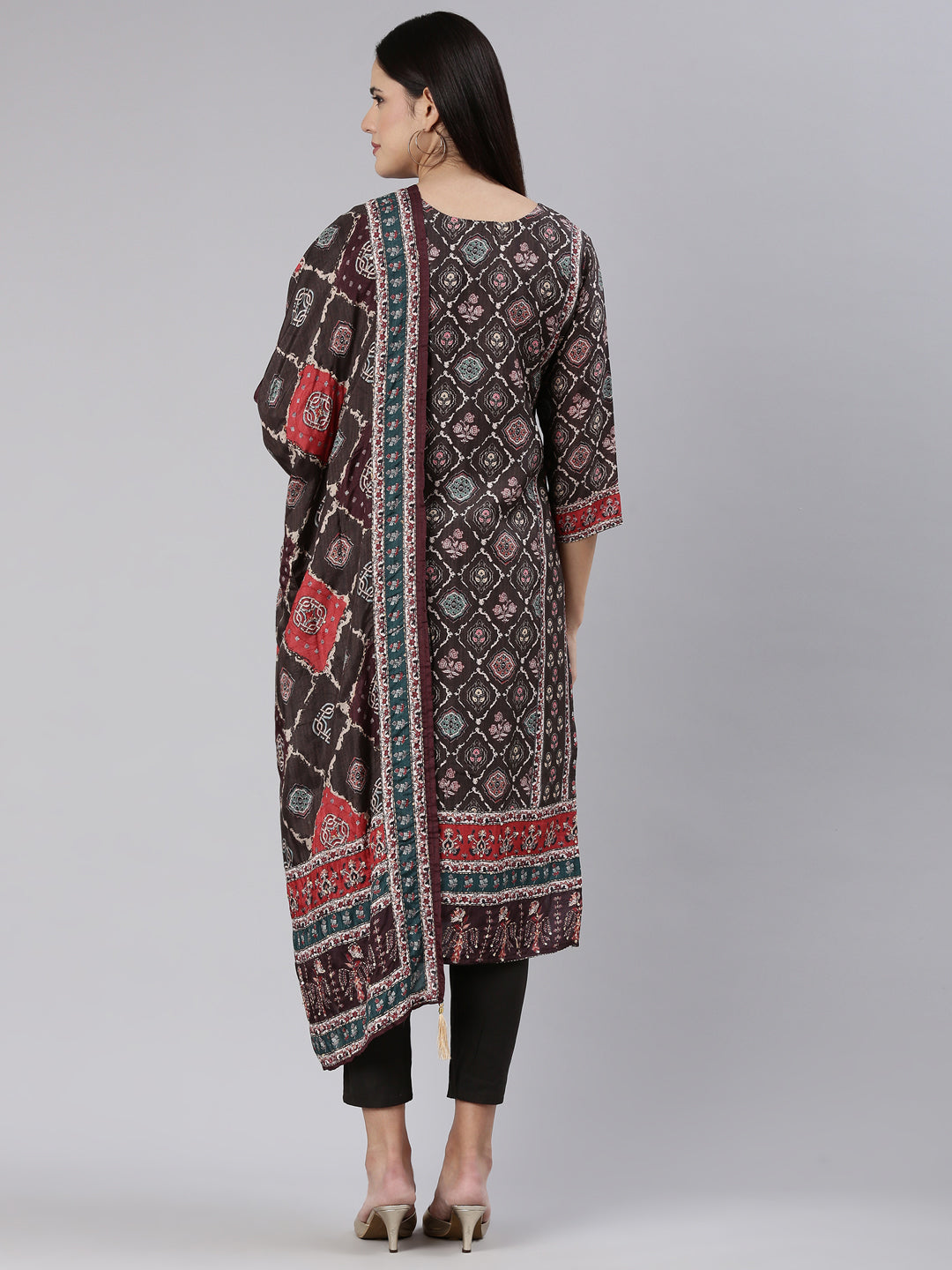 Neerus Brown printed straight kurta set - side view