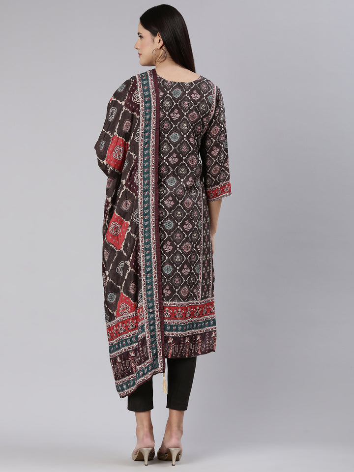 Neerus Brown printed straight kurta set - side view