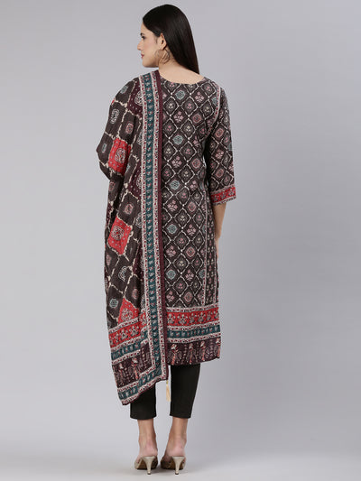 Neerus Brown Regular Straight Printed Kurta And Trousers With Dupatta