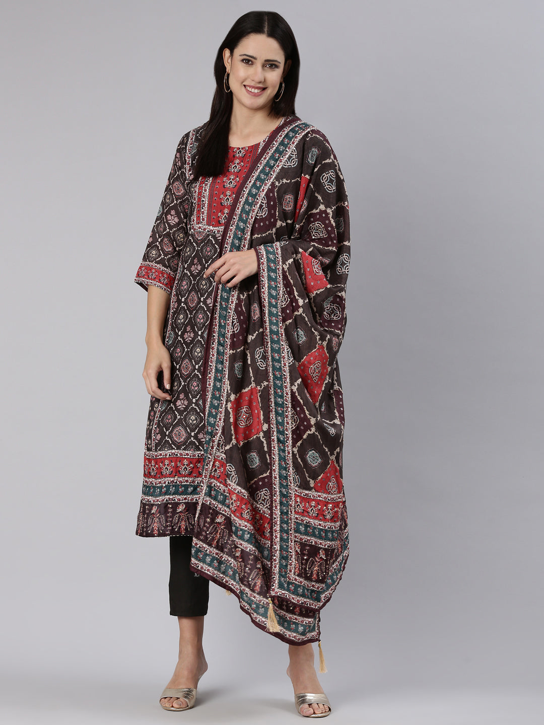 Neerus Brown printed straight kurta set - detail view 2