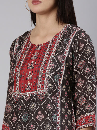 Neerus Brown Regular Straight Printed Kurta And Trousers With Dupatta