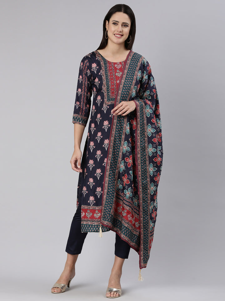 Neerus Blue printed straight kurta set with trouser and dupatta - front view