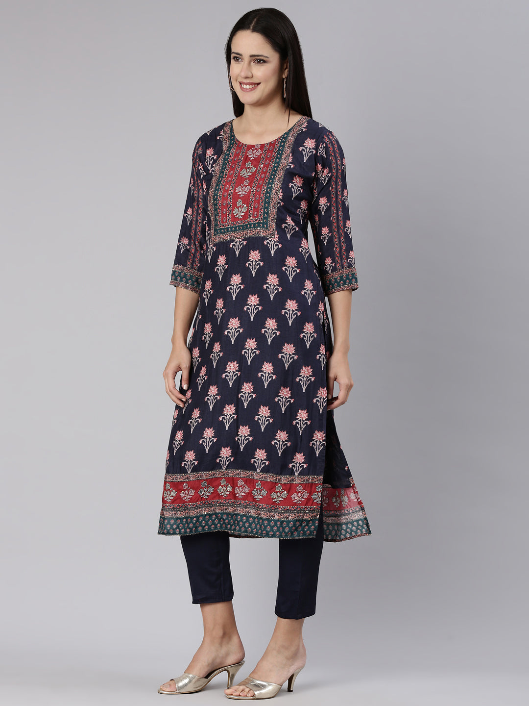 Neerus Blue printed straight kurta set with trouser and dupatta - back view