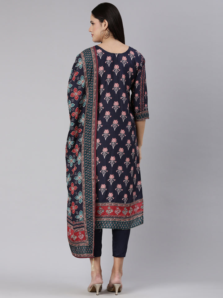 Neerus Blue printed straight kurta set with trouser and dupatta - side view