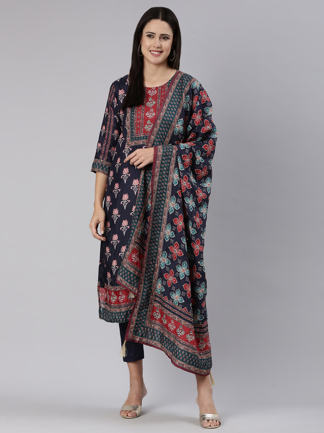Neerus Blue printed straight kurta set with trouser and dupatta - detail view 2
