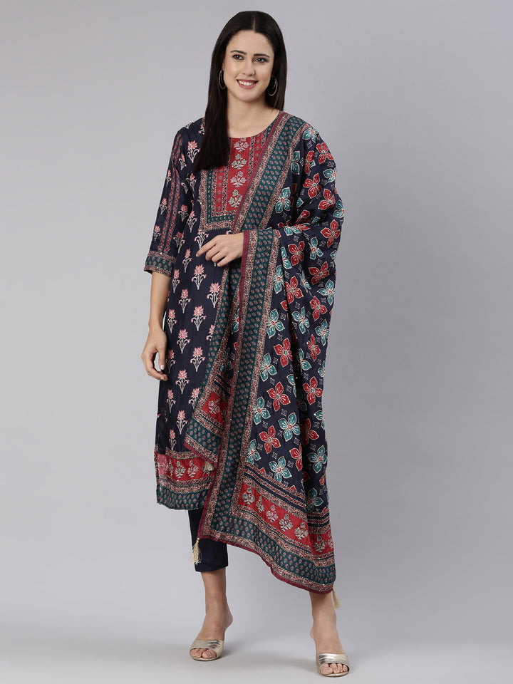 Neerus Blue printed straight kurta set with trouser and dupatta - detail view 2