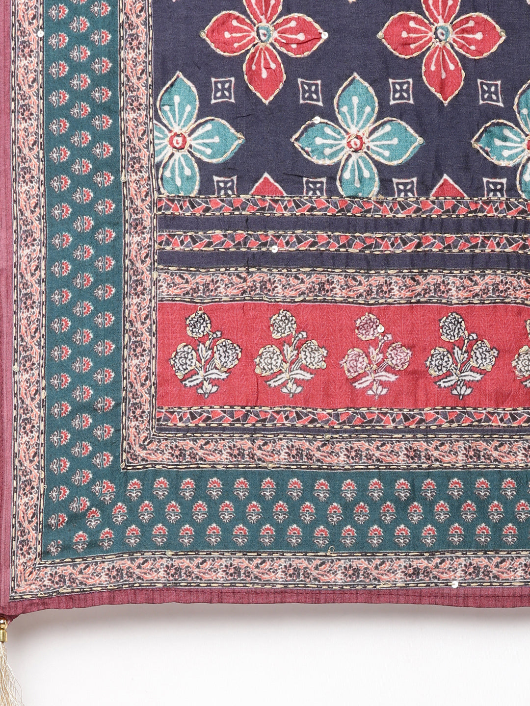 Neerus Blue printed straight kurta set with trouser and dupatta - detail view 4