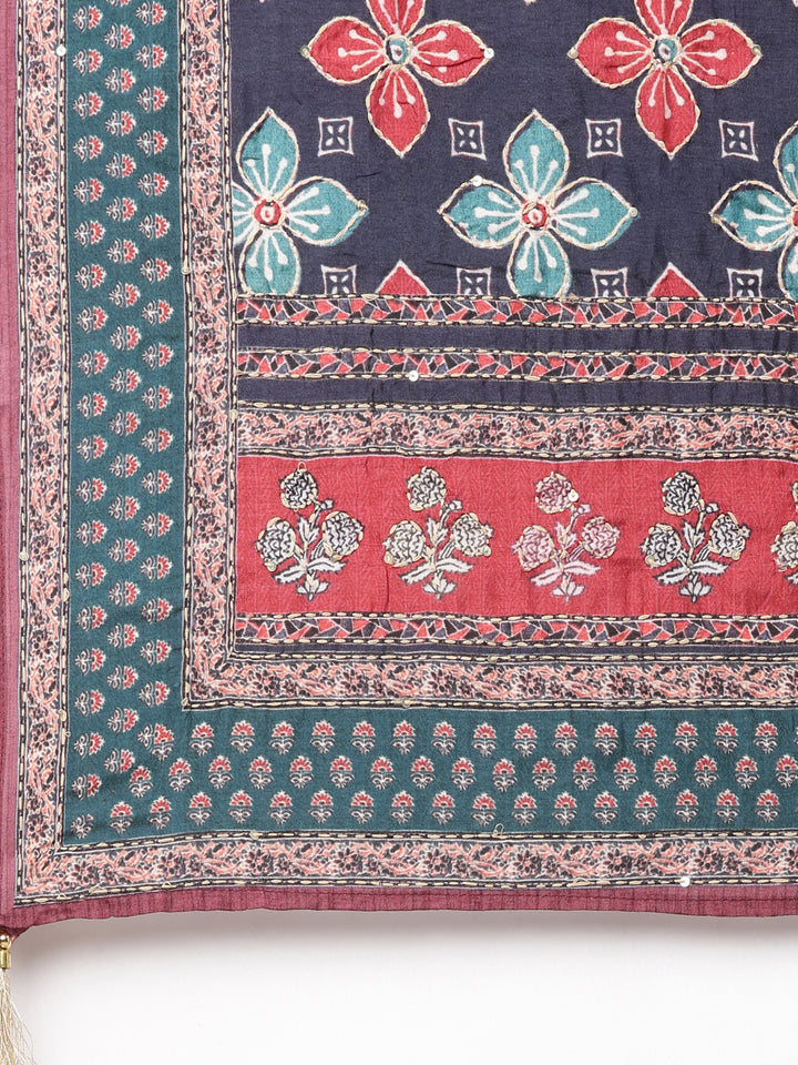 Neerus Blue printed straight kurta set with trouser and dupatta - detail view 4