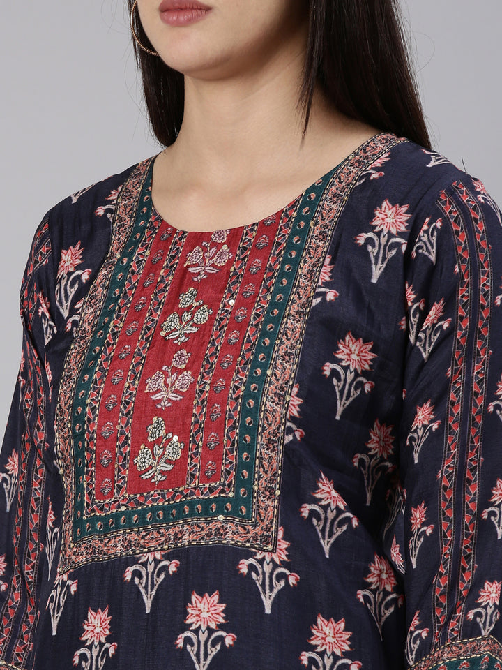 Neerus Blue printed straight kurta set with trouser and dupatta - detail view 1