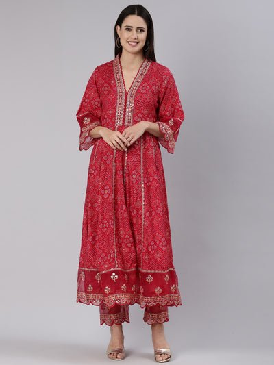 Neerus Red Regular Straight Printed Kurta And Trousers