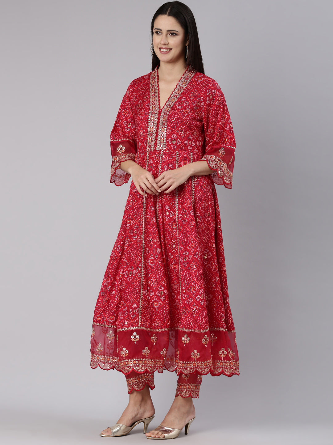 Neerus Red Regular Straight Printed Kurta And Trousers