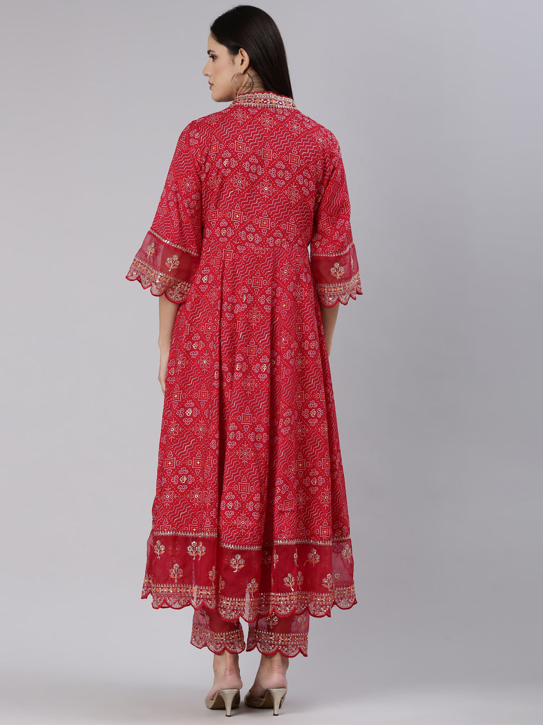 Neerus Red Regular Straight Printed Kurta And Trousers