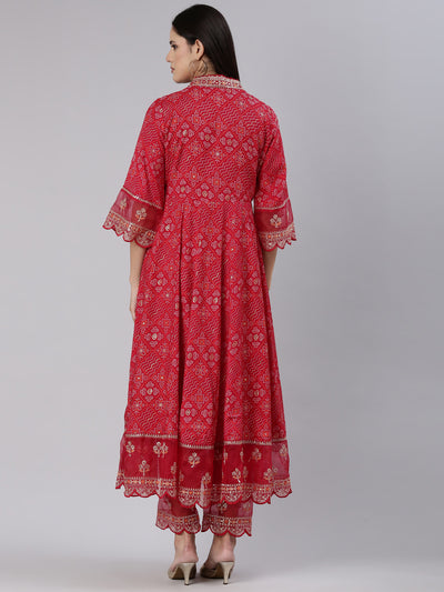 Neerus Red Regular Straight Printed Kurta And Trousers