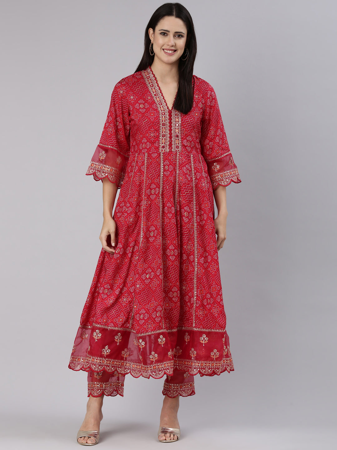 Neerus Red Regular Straight Printed Kurta And Trousers