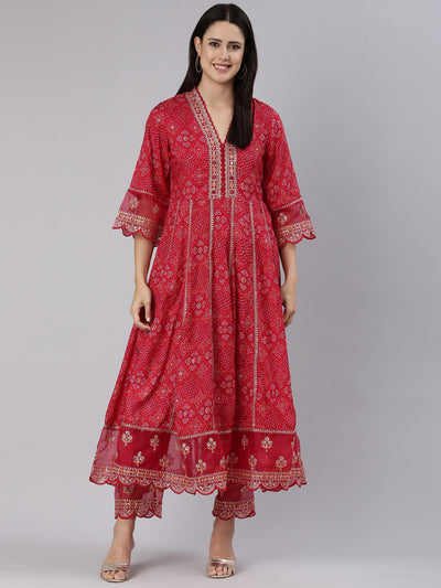 Neerus Red Regular Straight Printed Kurta And Trousers