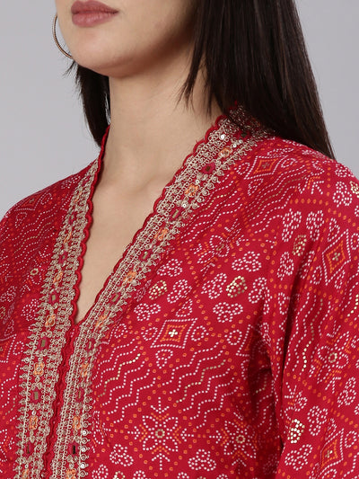 Neerus Red Regular Straight Printed Kurta And Trousers