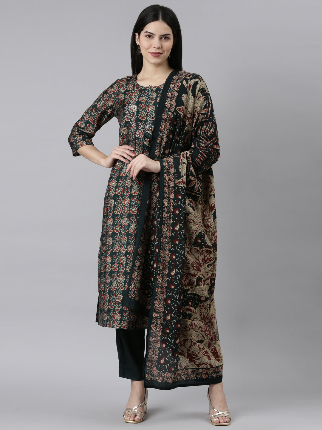 Neerus Green Solid Straight Kurta Set with Trouser and Dupatta - front view