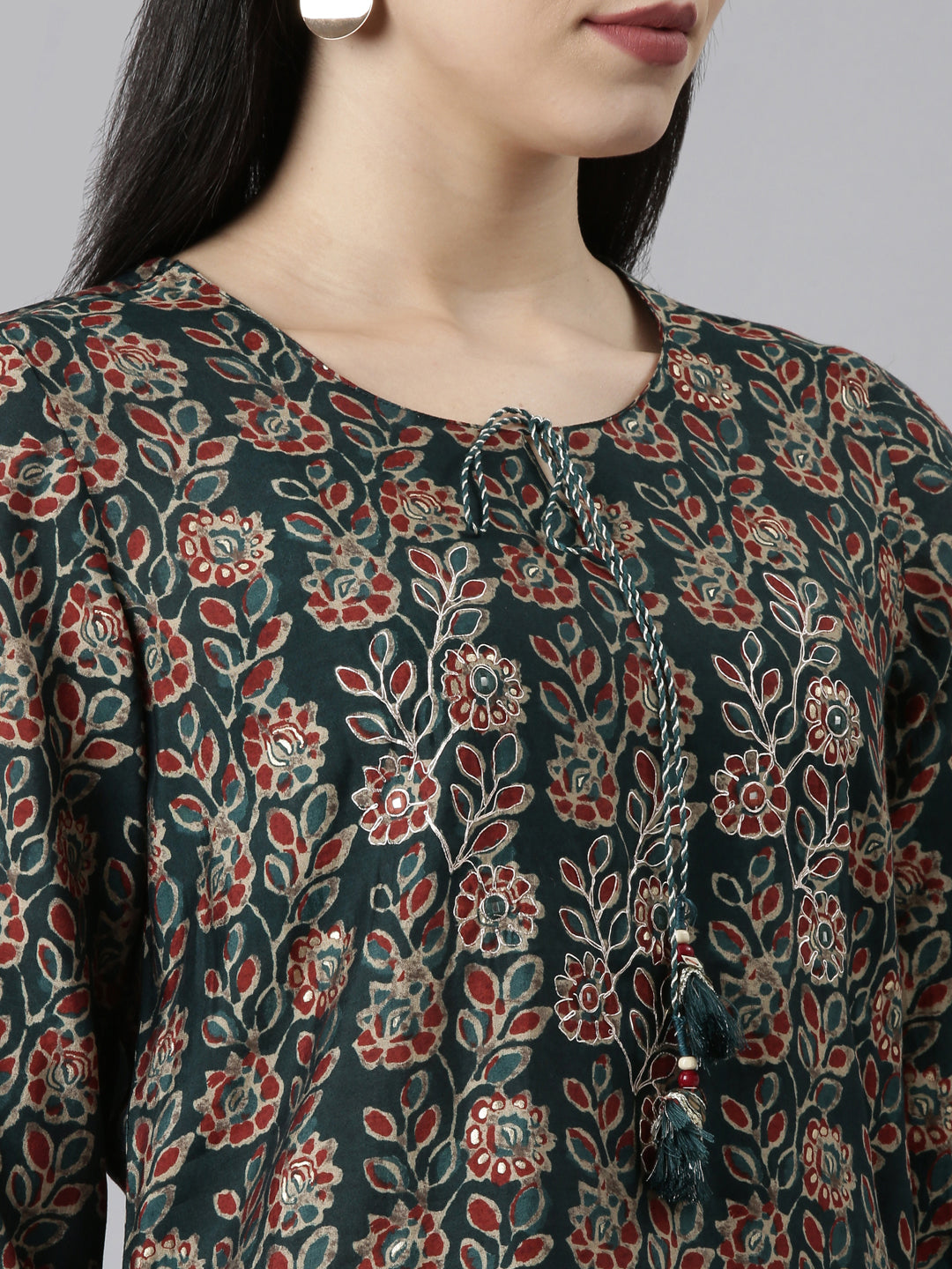 Neerus Green Solid Straight Kurta Set with Trouser and Dupatta - detail view 1