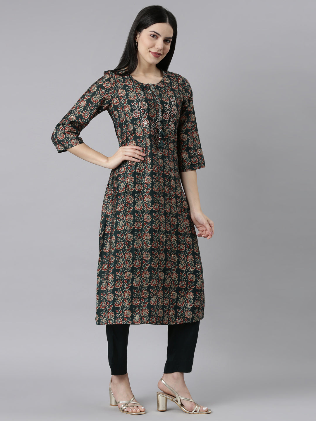 Neerus Green Solid Straight Kurta Set with Trouser and Dupatta - back view