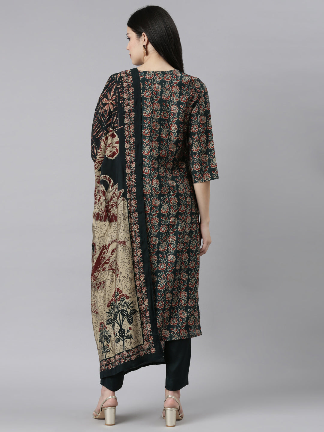 Neerus Green Solid Straight Kurta Set with Trouser and Dupatta - side view