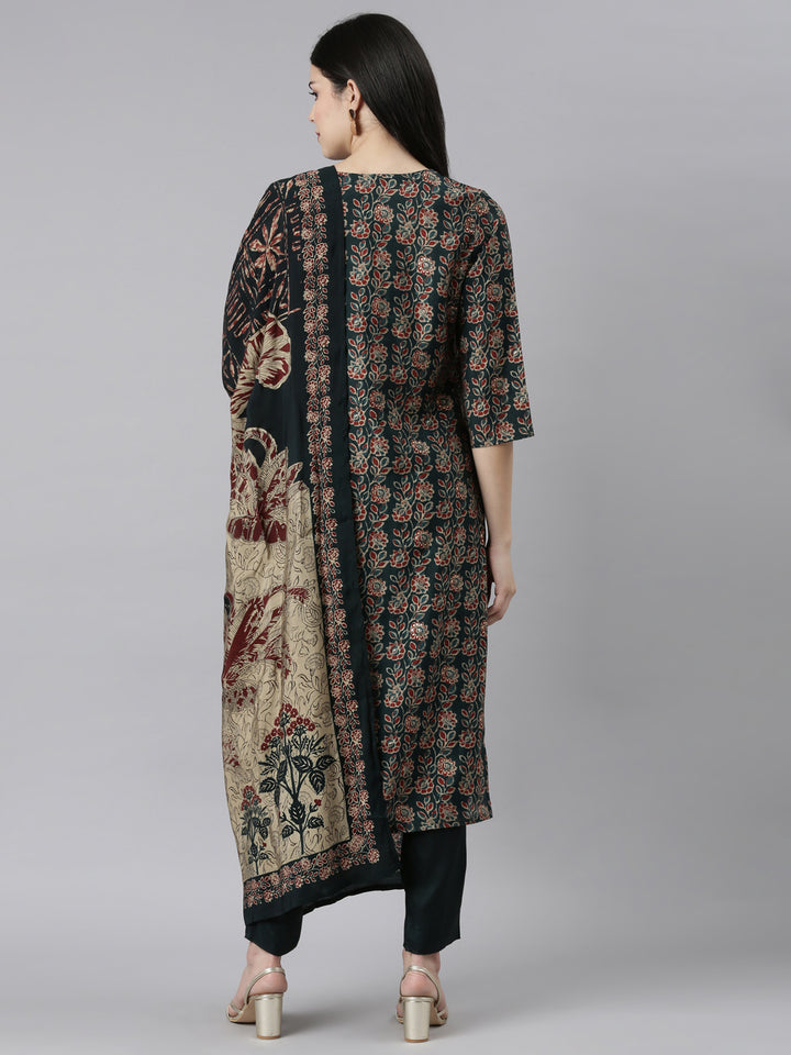 Neerus Green Solid Straight Kurta Set with Trouser and Dupatta - side view