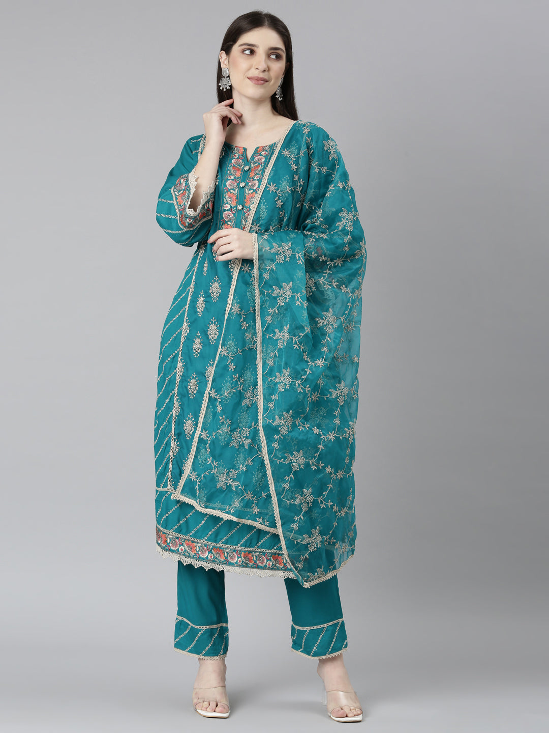 Neerus Green printed floral kurta set with trouser and dupatta - front view
