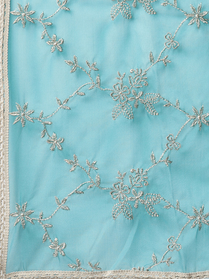 Neerus Green printed floral kurta set with trouser and dupatta - detail view 4