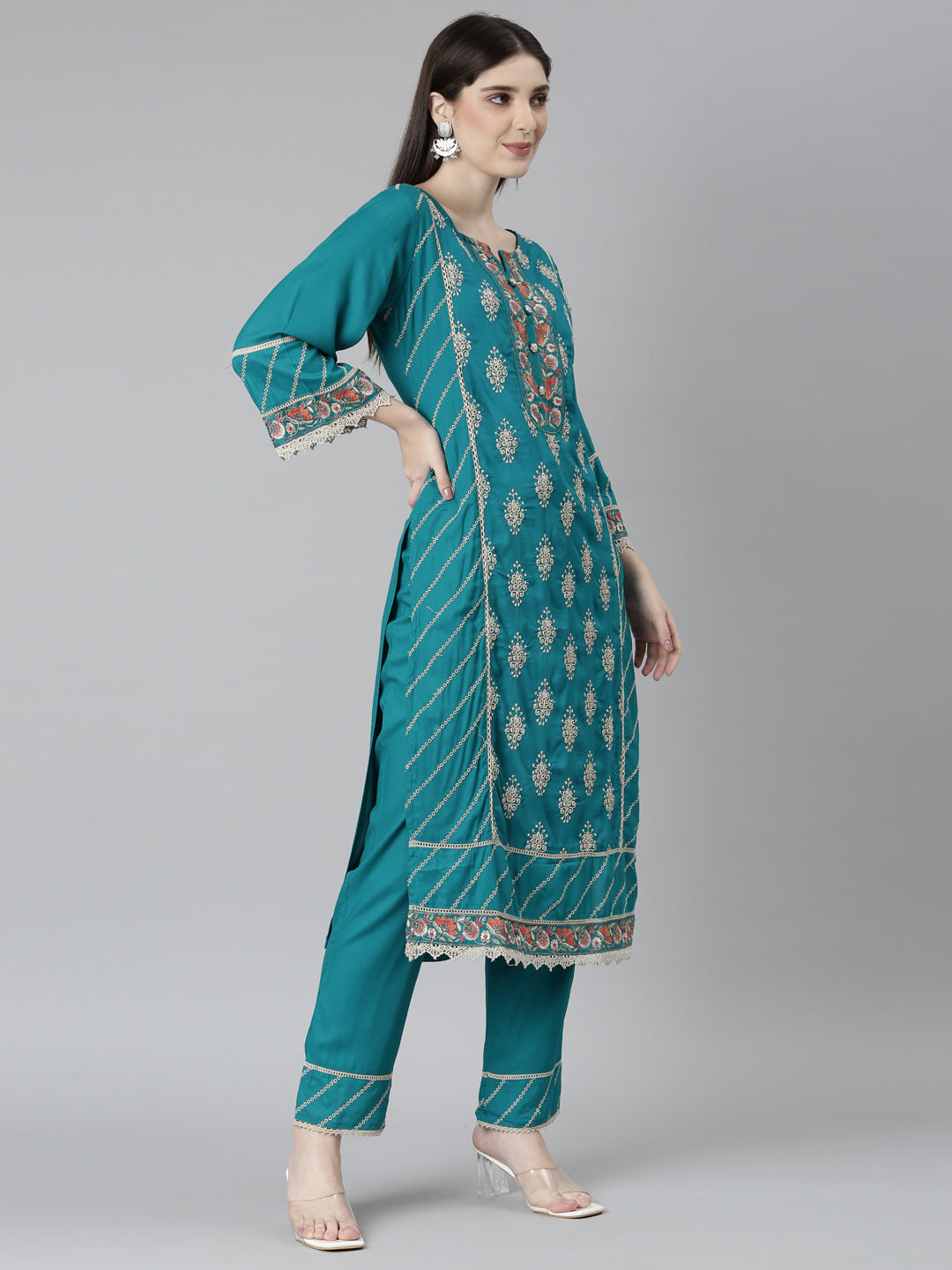 Neerus Green printed floral kurta set with trouser and dupatta - back view