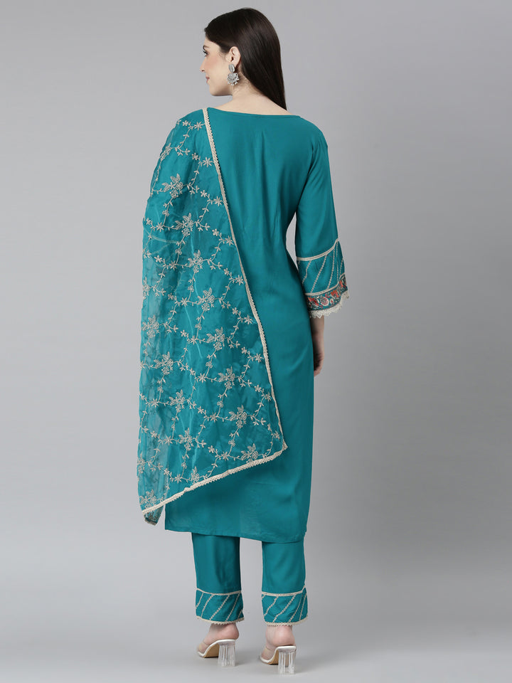 Neerus Green printed floral kurta set with trouser and dupatta - side view