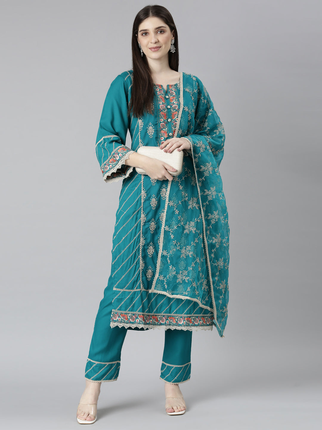 Neerus Green printed floral kurta set with trouser and dupatta - detail view 2
