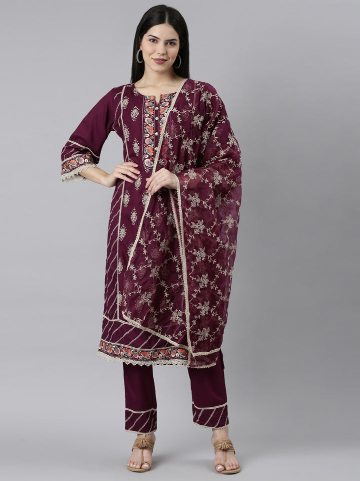 Neerus Purple floral printed kurta set with trouser and dupatta - front view
