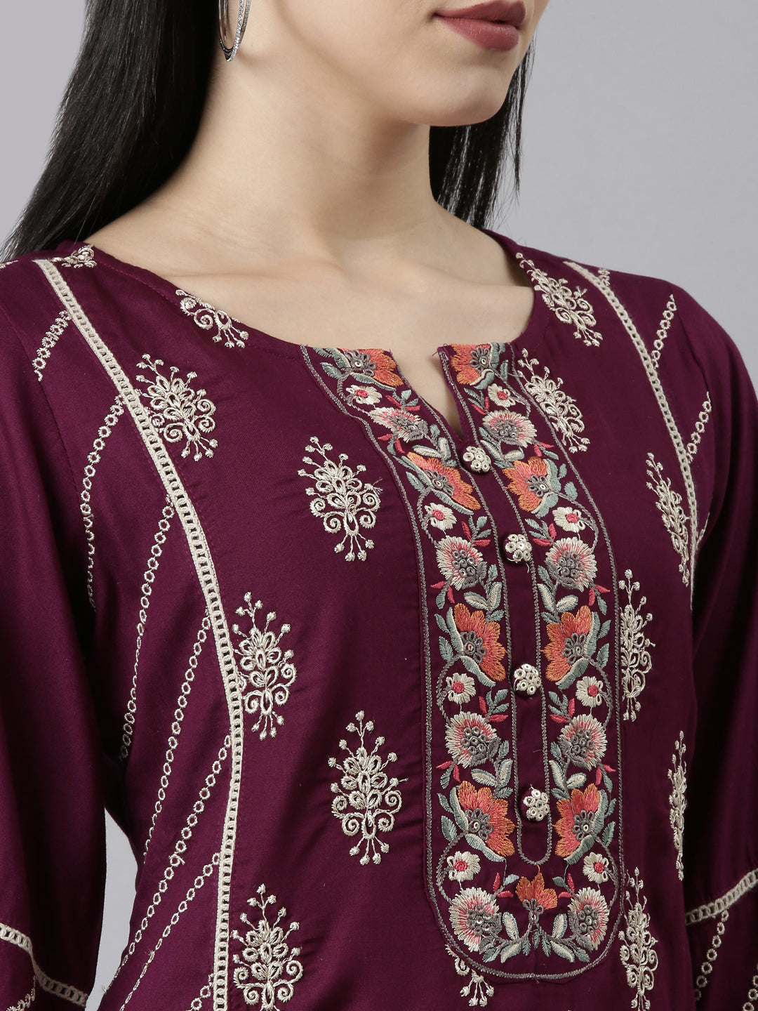 Neerus Purple floral printed kurta set with trouser and dupatta - detail view 1