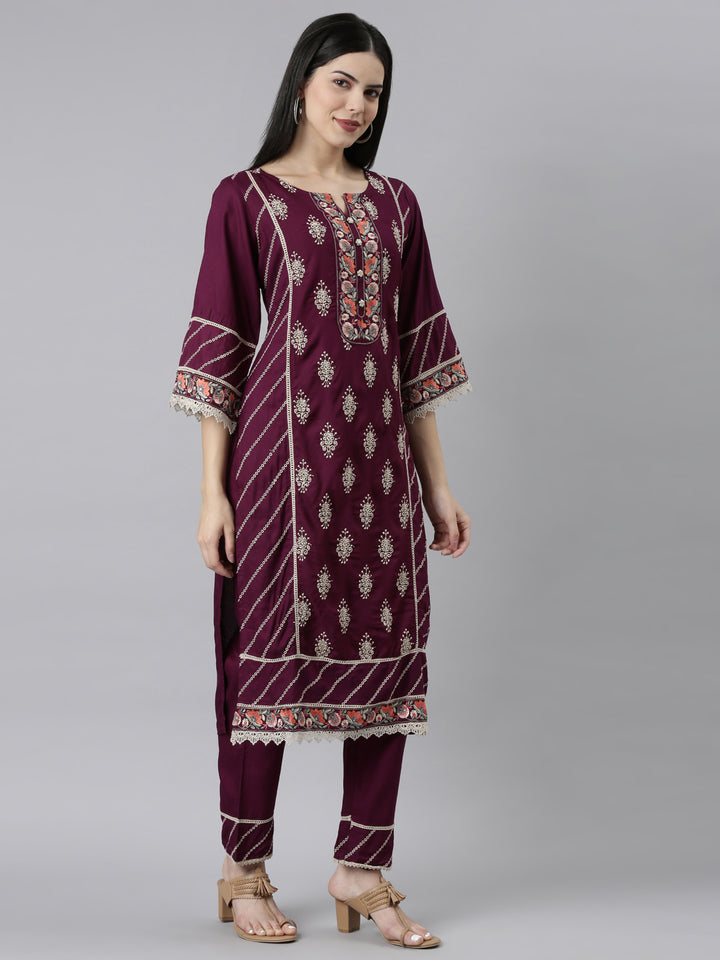 Neerus Purple floral printed kurta set with trouser and dupatta - back view