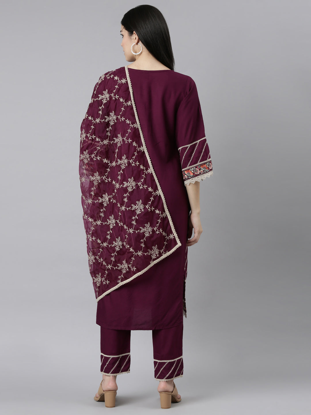 Neerus Purple floral printed kurta set with trouser and dupatta - side view